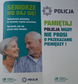 zdjęcie pary seniorów i napis Seniorze nie daj się oraz informacja, że policja Policja nigdy nie prosi o przekazanie pieniędzy